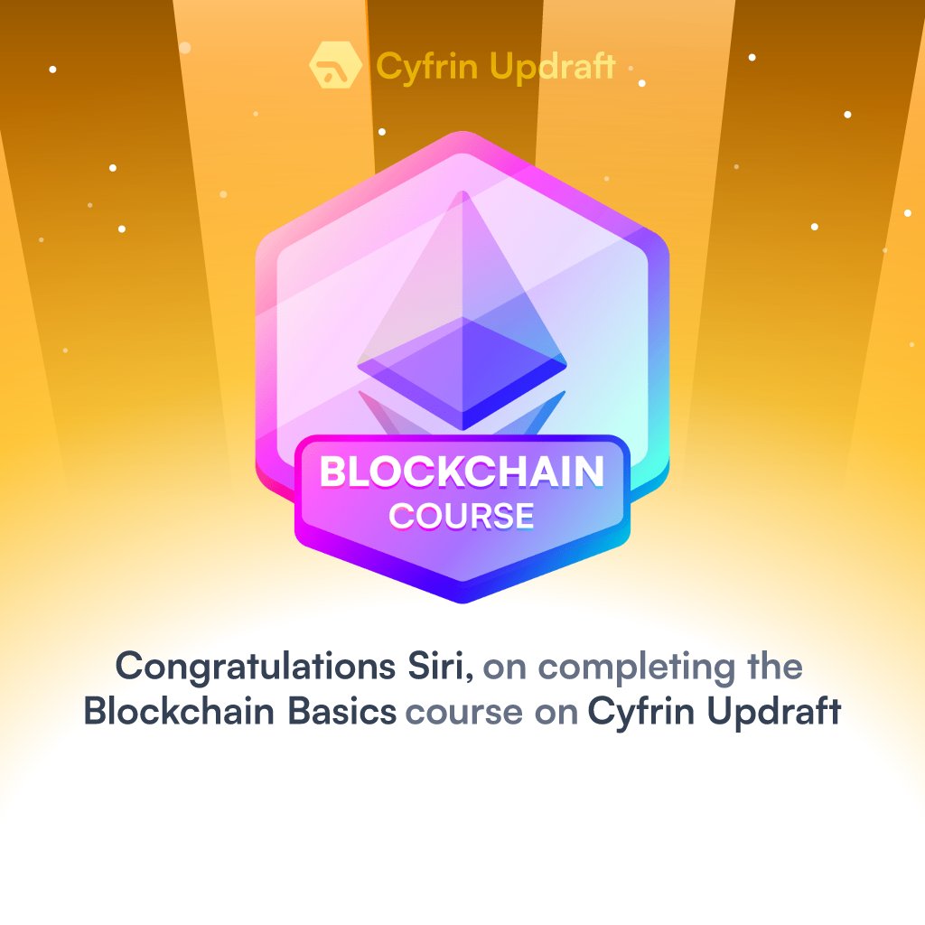 I just passed the Certification: Blockchain Basics exam on Cyfrin Updraft! 
Huge thanks to <a href="/CiaraNightingal/">Ciara Nightingale</a> <a href="/0xjesstech/">Jess</a> <a href="/PatrickAlphaC/">Patrick Collins</a> for explaining the core concepts in the simplest way possible. Super excited to take the next course on Cyfrin!
<a href="/CyfrinUpdraft/">Cyfrin Updraft 🟩</a> 
#Blockchain #Web3