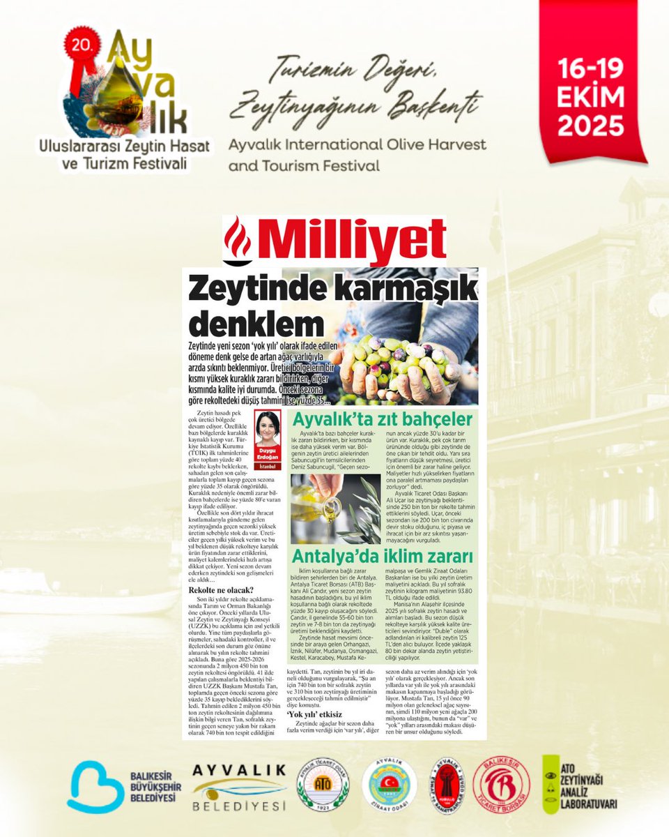 AyvalikHasat's tweet photo. Ayvalık Ticaret Odası Başkanı Ali Uçar’ın 16-19 Ekim tarihleri arasında gerçekleşen 20. Ayvalık Uluslararası Zeytin Hasat ve Turizm Festivali’nde verdiği zeytinyağı hakkındaki görüşleri, Milliyet gazetesinde yer aldı.

#AyvalıkTicaretOdası #Ayvalık #ZeytinyağınınBaşkenti https://t.co/wslfpEW5hM