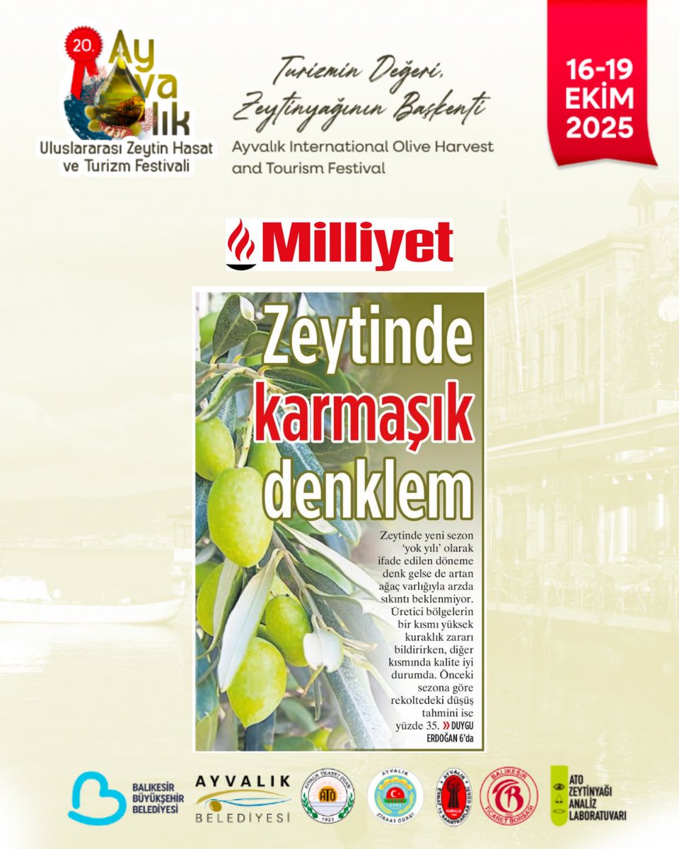 AyvalikHasat's tweet photo. Ayvalık Ticaret Odası Başkanı Ali Uçar’ın 16-19 Ekim tarihleri arasında gerçekleşen 20. Ayvalık Uluslararası Zeytin Hasat ve Turizm Festivali’nde verdiği zeytinyağı hakkındaki görüşleri, Milliyet gazetesinde yer aldı.

#AyvalıkTicaretOdası #Ayvalık #ZeytinyağınınBaşkenti https://t.co/wslfpEW5hM