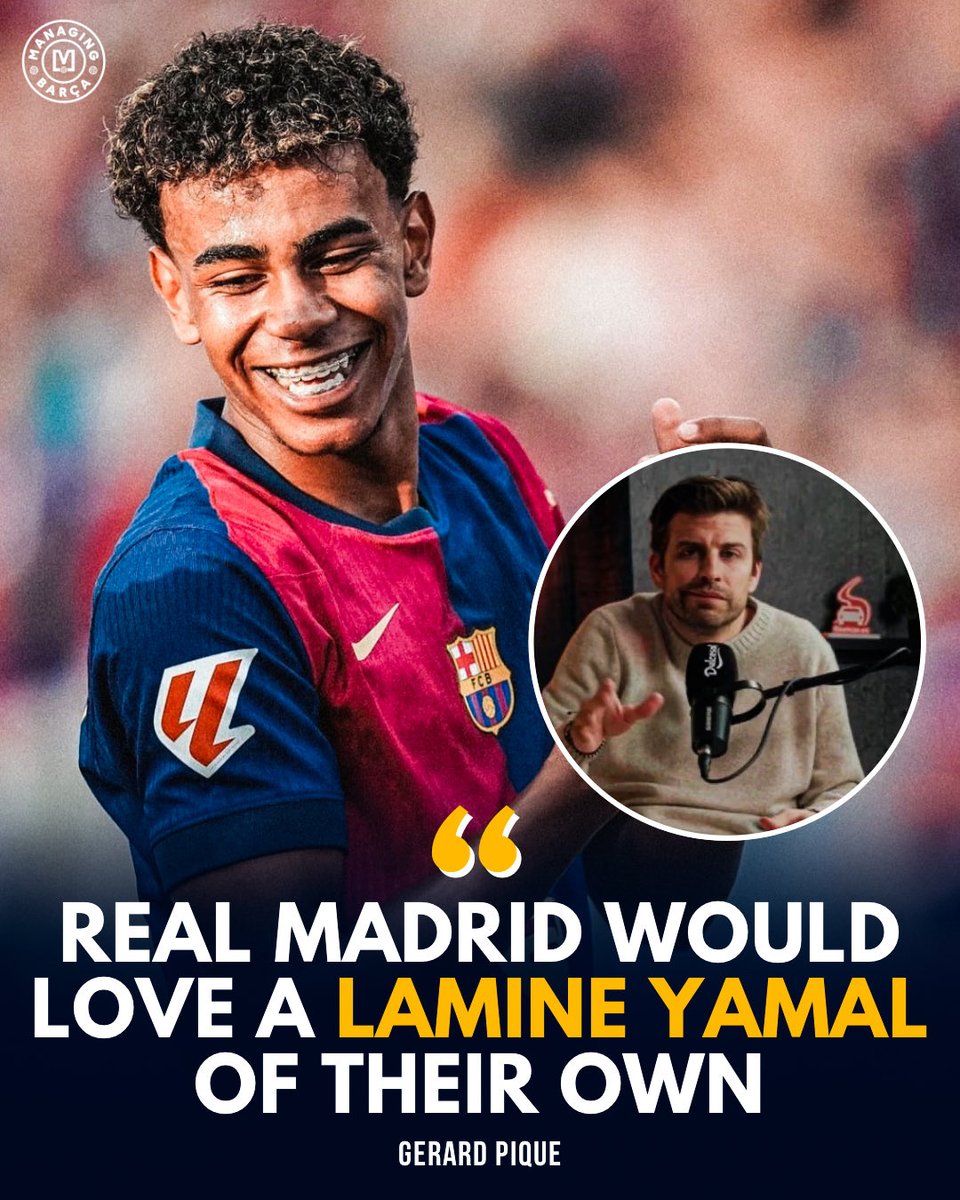 ManagingBarca's tweet photo. 🚨🗣️ Gerard Piqué: “Let’s accept Lamine as he is. Obviously, he’ll gain experience, no one is the same at 18 as at 38.”

“As for the criticism from Madrid? It’s understandable. They’d love to have a Lamine of their own.” 🥶 https://t.co/9lLl8s8ILf