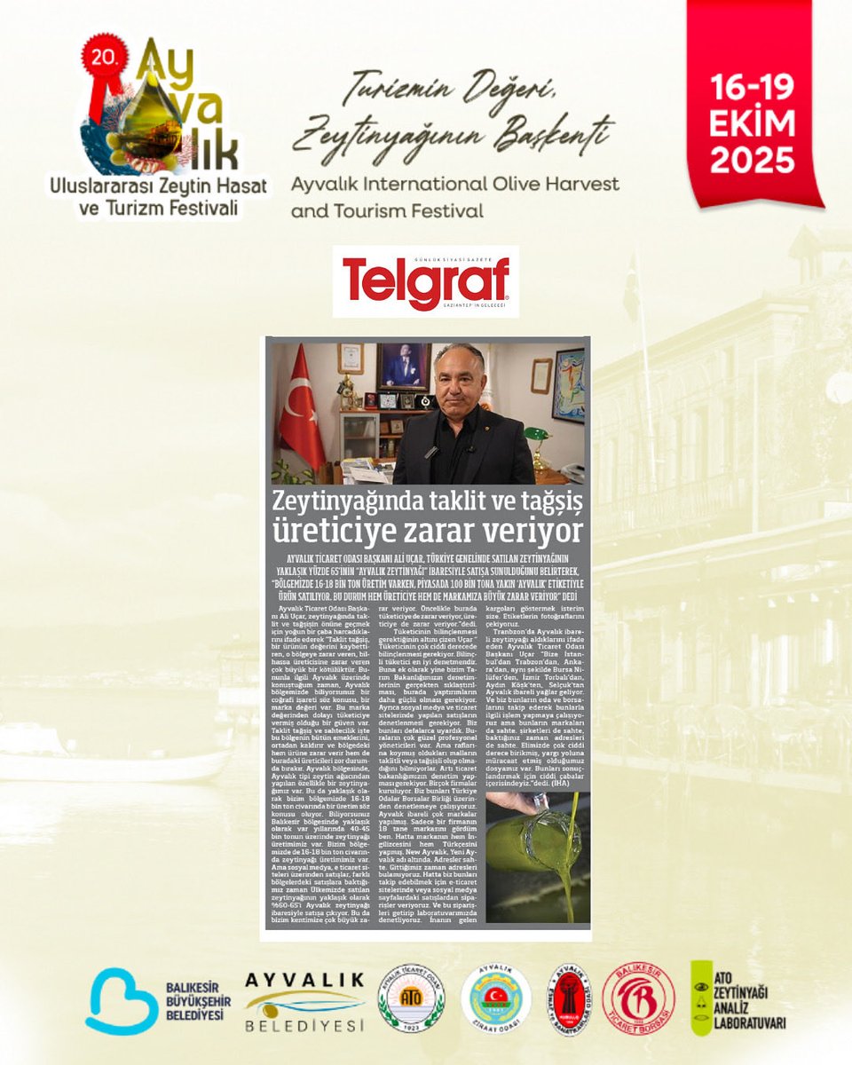 AyvalikHasat's tweet photo. Ayvalık Ticaret Odası Başkanı Ali Uçar’ın 16-19 Ekim tarihleri arasında gerçekleşen 20. Ayvalık Uluslararası Zeytin Hasat ve Turizm Festivali’nde verdiği zeytinyağı hakkındaki görüşleri, Telgraf gazetesinde yer aldı.

#AyvalıkTicaretOdası #Ayvalık #ZeytinyağınınBaşkenti https://t.co/x8Od3m0eL3