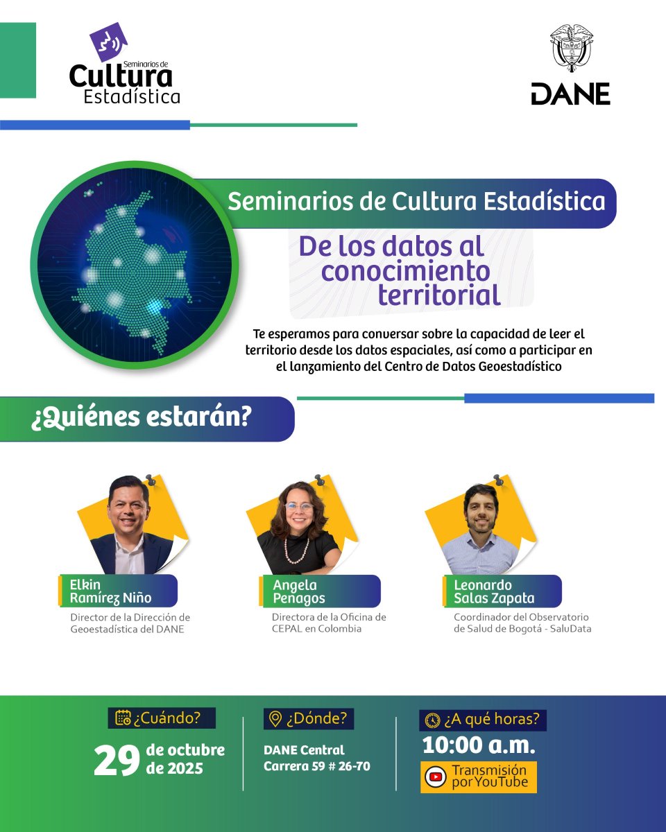 #MapeandoDatos | Descubre cómo los datos cobran vida en el territorio. 🌍✨

🇨🇴 El <a href="/DANE_Colombia/">DANE Colombia</a> ha desarrollado una herramienta que permite a cada ciudadano entender la realidad de Colombia en toda su dimensión espacial y territorial. 

Este miércoles 29 de octubre, acompáñanos