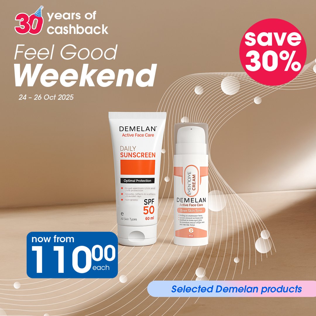 Clicks_SA's tweet photo. Say hello to radiant confidence! πβ¨
SAVE 30% on selected Demelan products from R110.00 β only from 24 β 26 Oct 2025!
Because glowing skin never goes out of style! π -> https://t.co/Rm0LwAwrsg
#Clicks #FeelGoodWeekend #DemelanGlow #SkincareGoals #ClicksBeauty https://t.co/eLp5mvj8Co