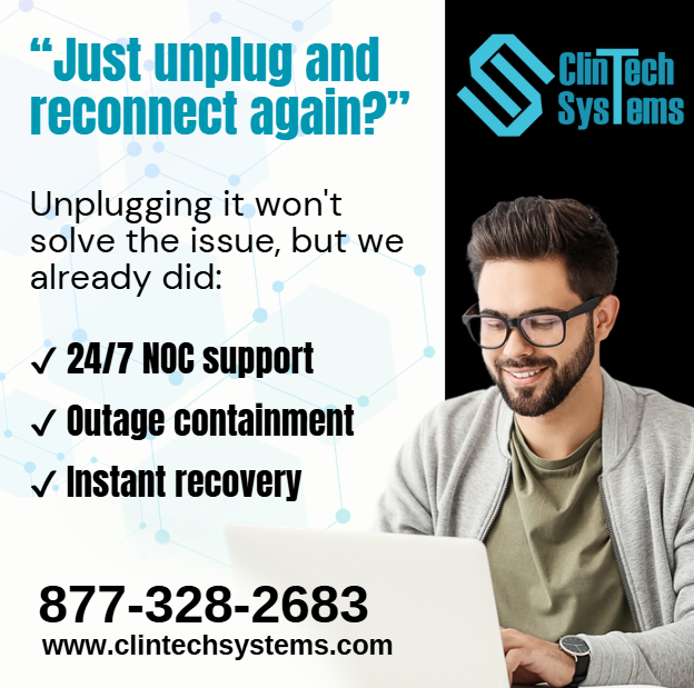 ClintechSystems's tweet image. Unplug it and plug it in again?

Unplugging it won&apos;t solve the issue. We already did.

✔ 24/7 NOC support
✔ Outage containment
✔ Instant recovery

📞 877-328-2683
✉ info@clintechsystems.com
🌐 clintechsystems.com

#ITHumor #HealthcareIT #ClinTechSystems