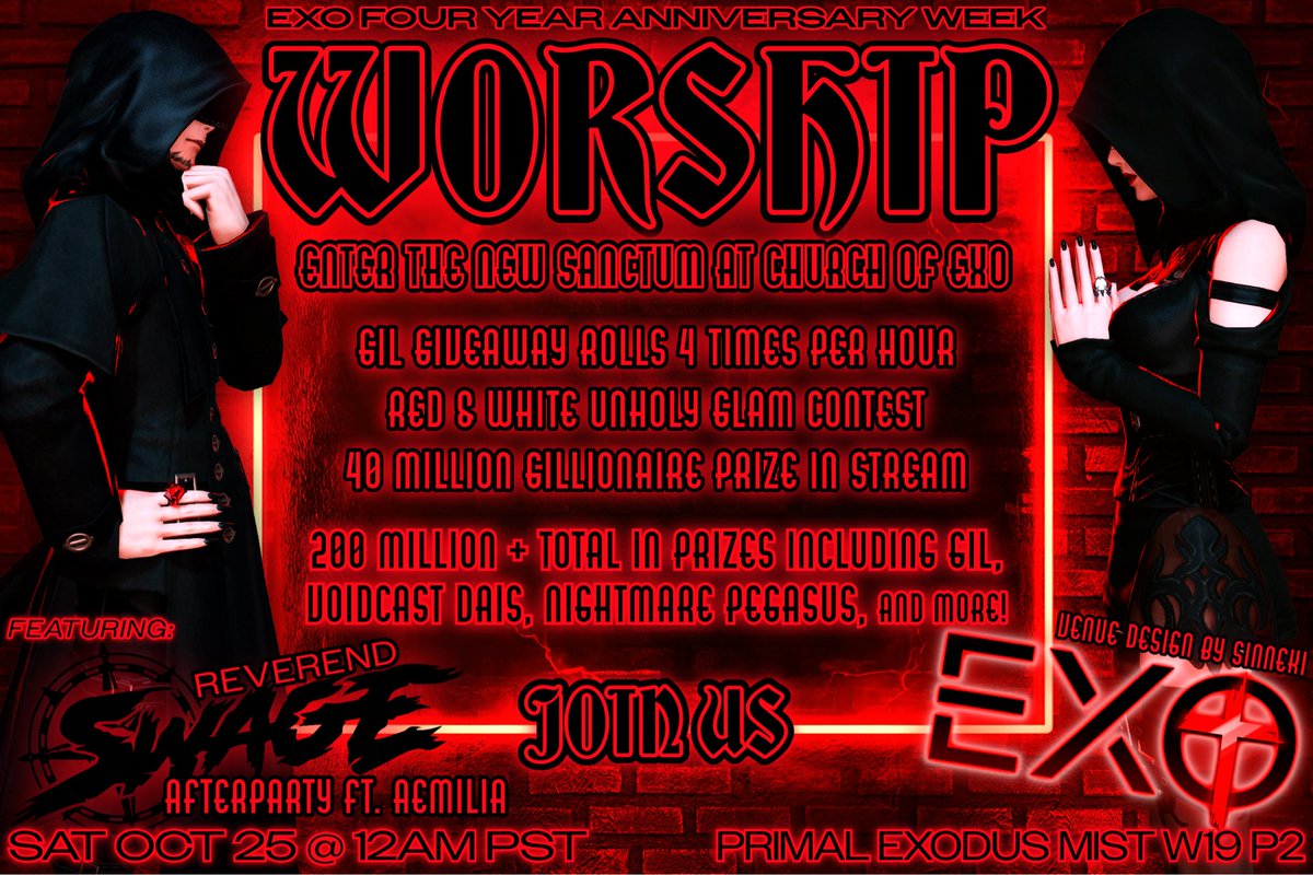 COME ALL YE SINNERS AND JOIN US!

Less than 20 hours until the Exo 4 Year arrives at WORSHIP!

It’s almost time for you to enter the new sanctum at Church of Exo. 

Are you ready to repent?