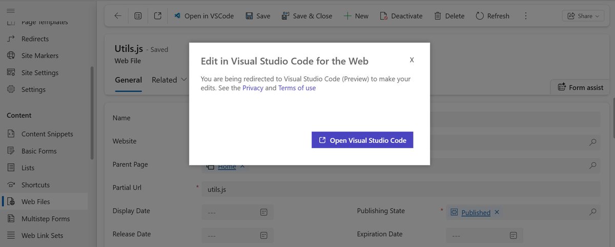 michelcarlo's tweet image. ๐จโ๐ปNice small addition to Power Pages Management app/Portal Management app: Open WebTemplates and WebFiles in Visual Studio Web for editing
#PowerPages #PowerPlatform