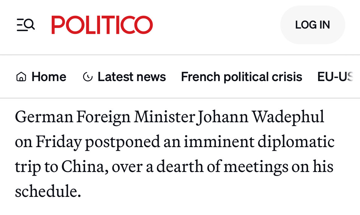 I wasn’t sure if this was fake news when I first saw it but it appears to be real. The Chinese couldn’t be bothered even talking to the Germans because they see the country as an irrelevant vassal. Better to just talk to Trump directly. Humiliating. 🇩🇪🚽