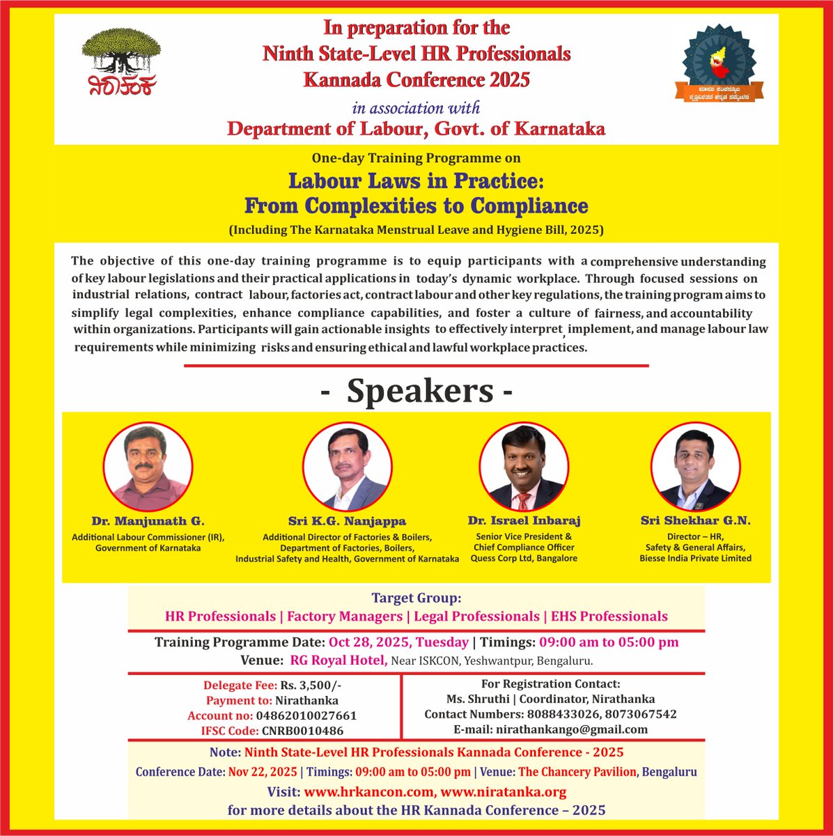 Simplify Labour Law Complexities!
Join the One-Day Training on “Labour Laws in Practice: From Complexities to Compliance.”
📅 28 Oct 2025 | 📍 RG Royal Hotel, Bengaluru
🎙️ Learn from top Govt. &amp; Industry Experts.