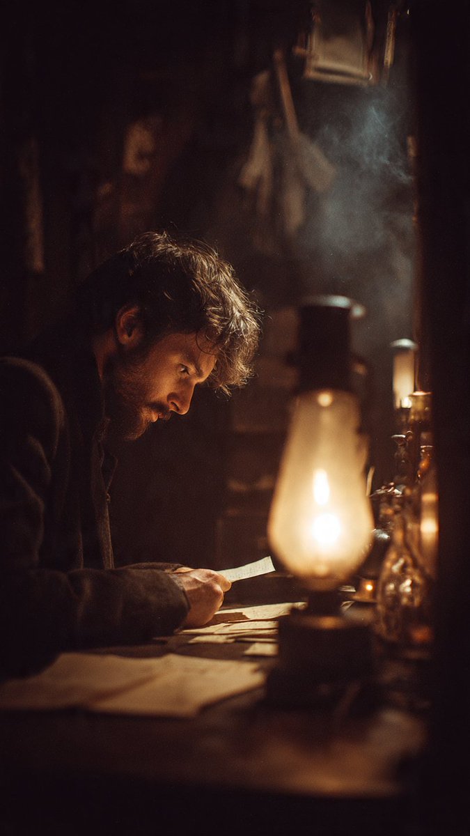 rovvmut_'s tweet image. If you want to get Midjourney level aesthetics use Meta AI.
A cinematic portrait still of a man reading a letter beside an old oil lamp at night, warm light contrasts with the dark wooden room, smoke and dust in the air, 35mm film grain texture, intimate tone.