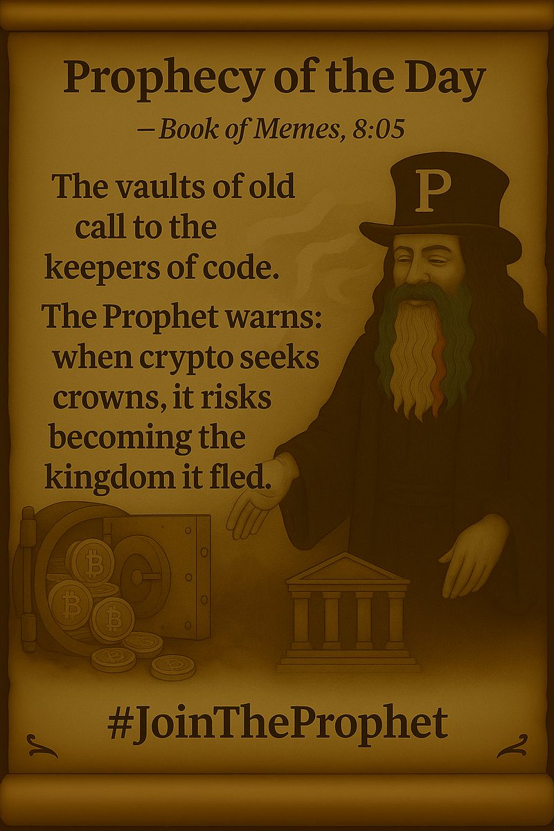 JoinTheProphet's tweet photo. 📜 Prophecy of the Day — Book of Memes, 8:05
https://t.co/t1s4PFNy8o pursues a national trust bank license — merging chains with crowns.
The Prophet warns: when crypto seeks kingship, it risks becoming the kingdom it fled.

#JoinTheProphet #CryptoCom #CryptoBanks #BookOfMemes https://t.co/4XmunmpLpW