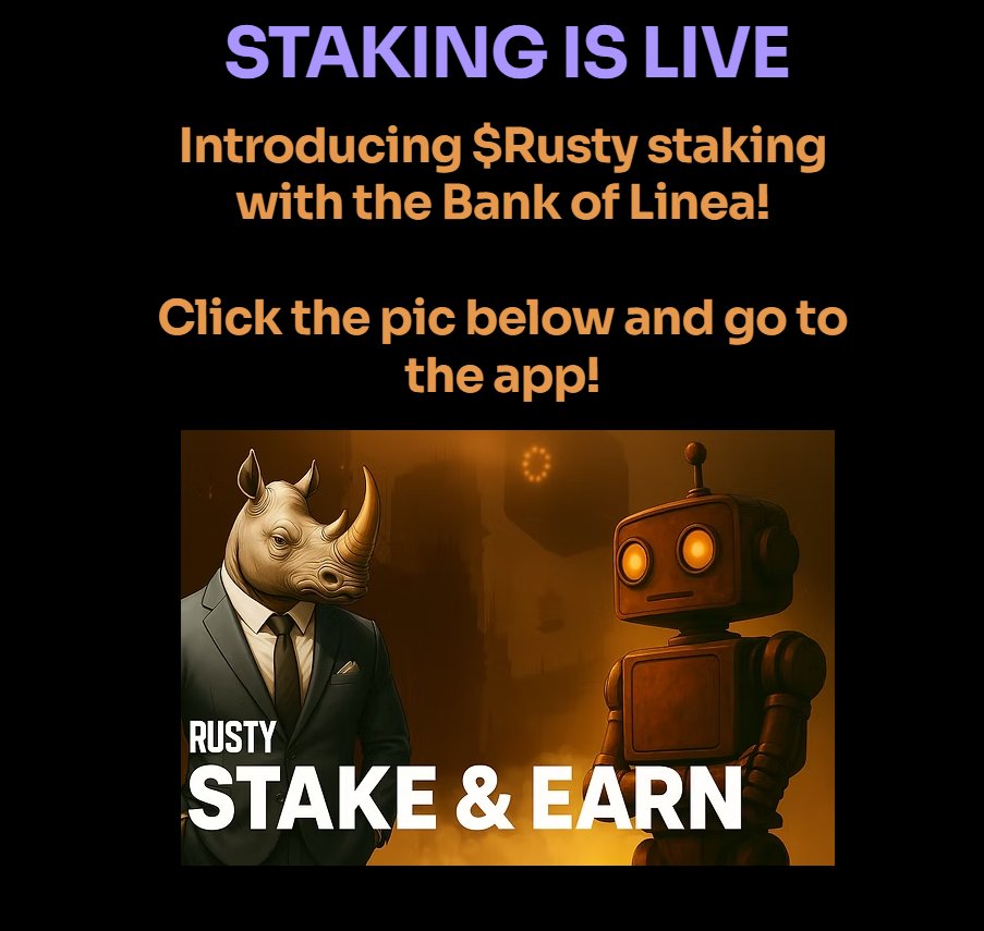 LineaDegenLover's tweet image. Stake $Rusty on $Linea thanks to $BOL 
BankofLinea.build/app
@RustyTokenAI  has joined the @PlortalAI Campaign. 
rustytokenai.com
Thanks for adding us to your home page!