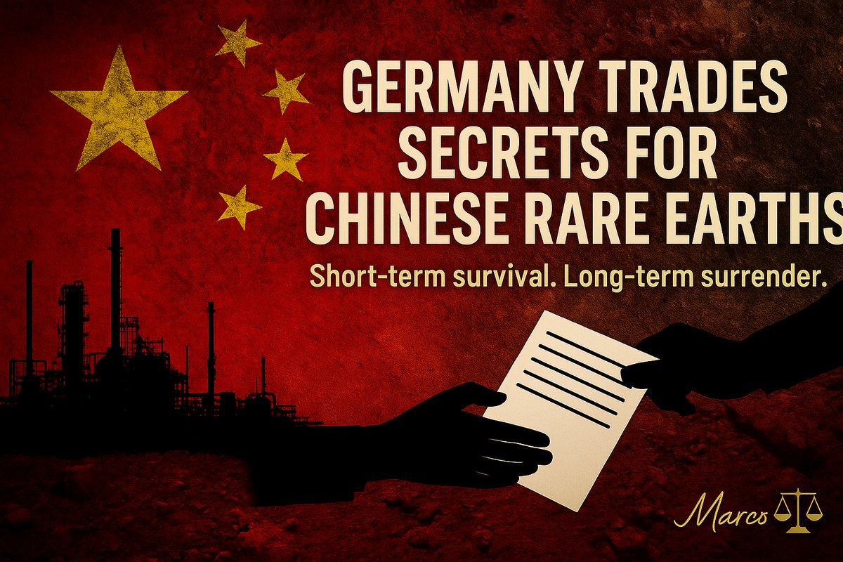<a href="/Megatron_ron/">Megatron</a> 🇩🇪🇨🇳 GERMANY TRADES INDUSTRIAL SECRETS FOR CHINESE RARE EARTHS — A STRATEGIC COLLAPSE 💥🪨

🚨 Bloomberg reports: German companies are trading their industrial know-how to secure rare earth materials from China.
👉 To keep their production lines alive, they are now handing