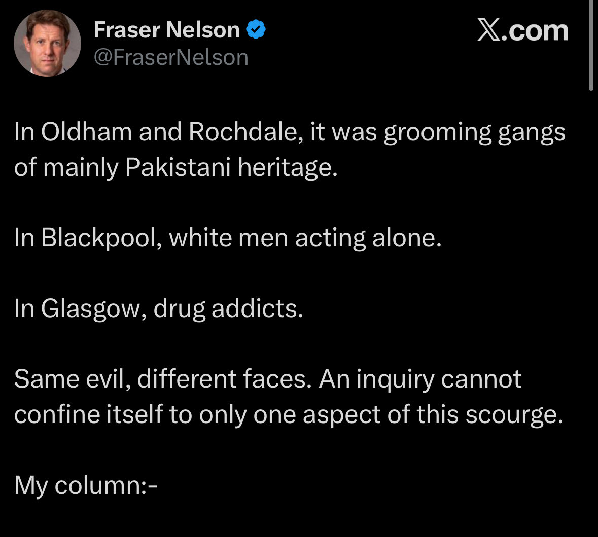 We need to start replying to these people with ‘have you read the Casey report?’ 

Because it explicitly says don’t do this. So either Fraser (&amp; Fiona Bruce) read it and decided to run cover for child rapists, or didn’t and are failing the most basic duties of a journalis
