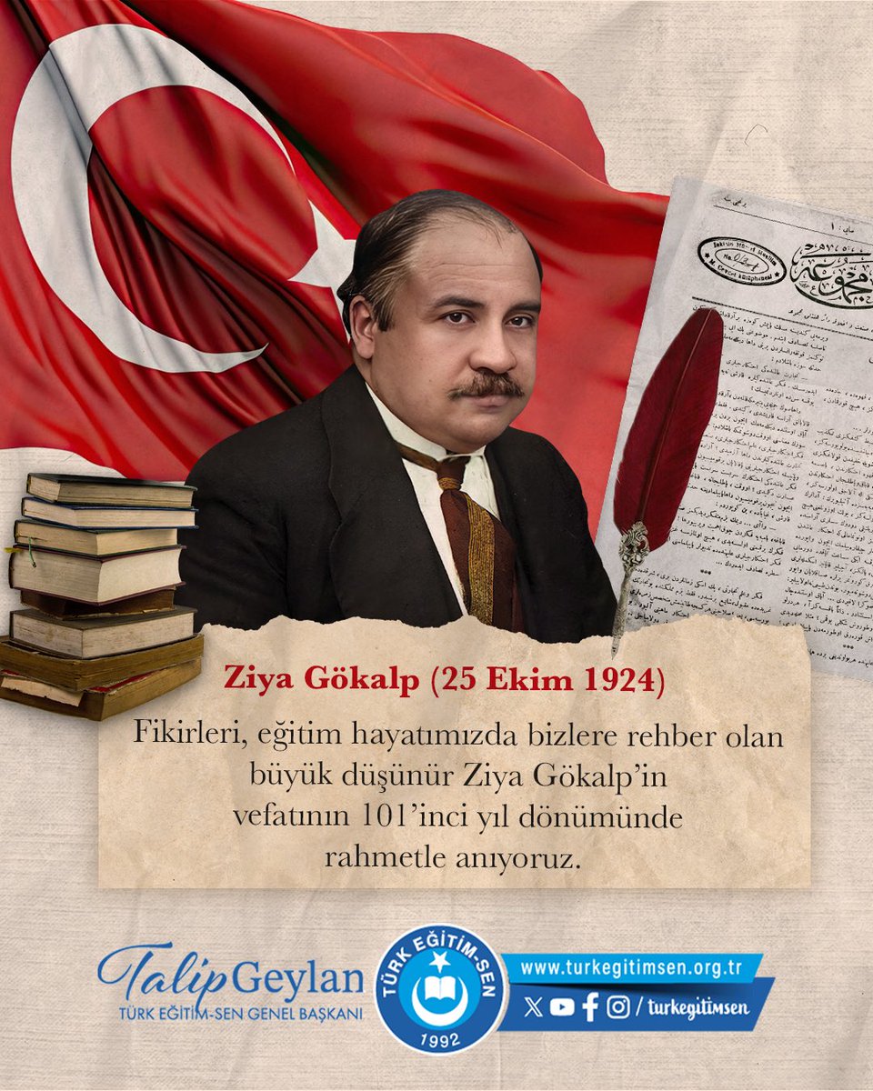 Vatan ne Türkiye’dir Türklere, ne Türkistan.
Vatan, büyük ve müebbet bir ülkedir: Turan!

Devletimizin kurucusu Mustafa Kemal Atatürk onun için "… fikirlerimin babası” diyordu.

Fikirleriyle Cumhuriyet’e ilham veren büyük düşünürümüz #ZiyaGökalp’i minnet ve dualarla anıyoruz.