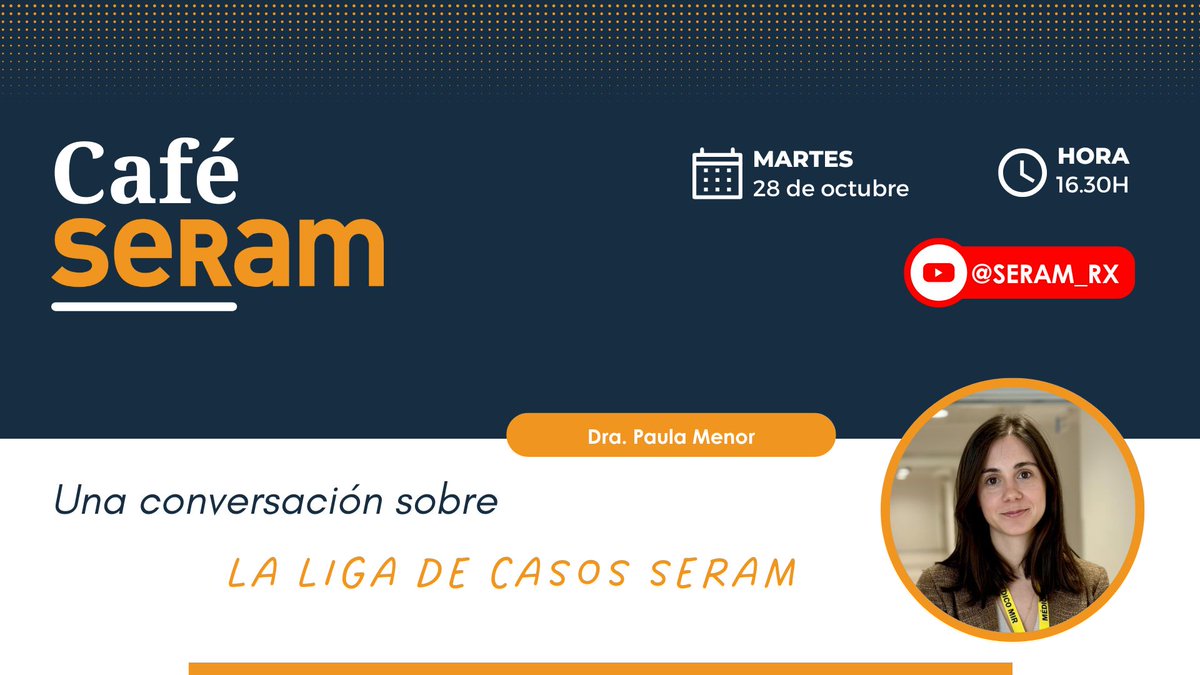 ¿Quieres conocer todas las novedades de la nueva edición de la #LigaSERAM? ⚡️ No te pierdas el próximo #CaféSERAM con la Dra. Paula Menor, coordinadora general, que nos contará todos los detalles y lo que nos espera en esta edición

📅 Martes, 28 de octubre a las 16:30h (CET) 🔗