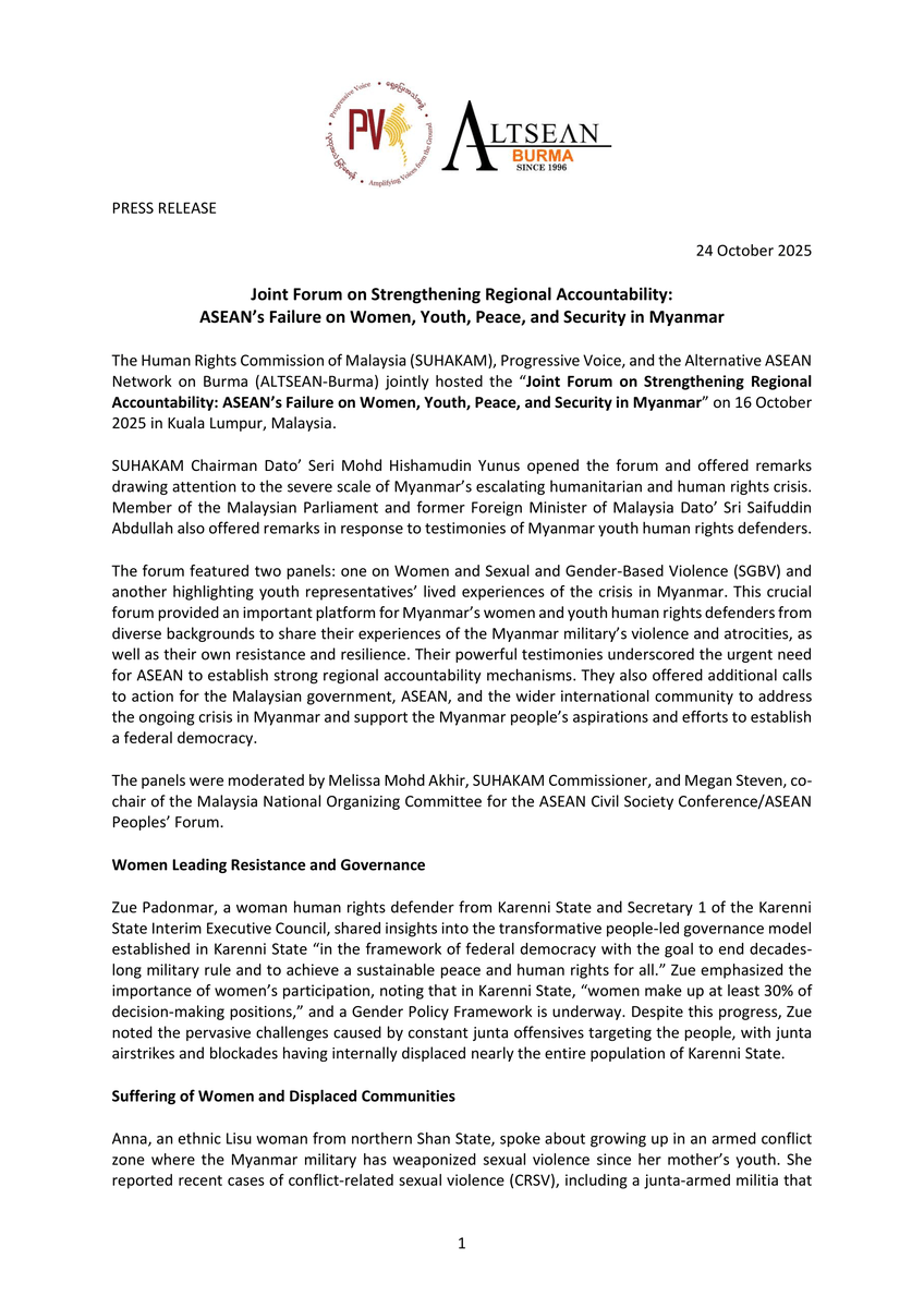 PVamplify's tweet photo. #Myanmar women &amp; youth exposed @ASEAN’s failure to protect their rights at a forum hosted by @MalaysiaNHRI, PV &amp; @ALTSEAN last week.

They urged #ASEAN to reject the junta’s sham election &amp; engage w/ Myanmar’s legitimate representatives.

Press release: https://t.co/O5T2Biao7I https://t.co/HbydubjsoX