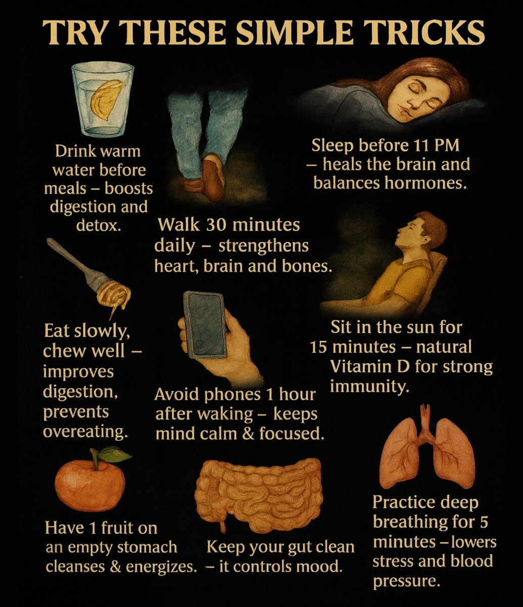 JhaAshutoshJi's tweet image. Simple habits, powerful results 🌿💪
Drink warm water, walk daily, sleep early, and get some sunlight — small daily choices that can completely transform your health and peace of mind ☀️💧