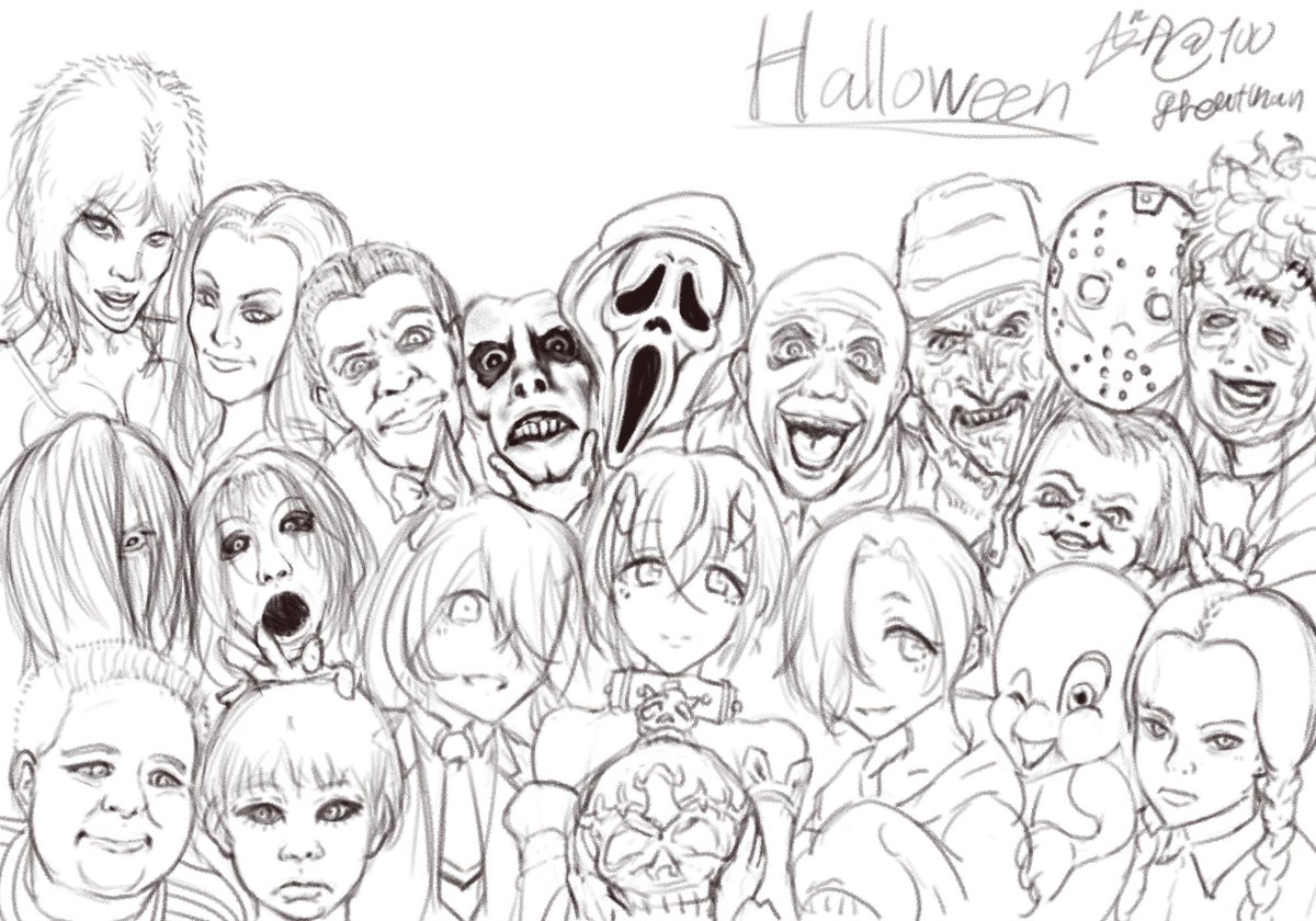 ハロウィン用に描いてたけど、やる気が冷めてしまったから上げる
「小梅,シノブ,カフェが写メを送ってきた」ってテーマ

小梅ちゃんが一番喜びそうなシチュ
往年のホラー映画の大スターだらけよ👻
(あと10人くらいは描くつもりだった…) 