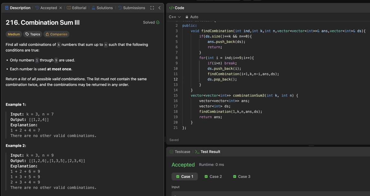 Rohan_269's tweet image. Day 75/200: Solved-“Combination Sum III” 🎯
Used backtracking in C++ to find all unique combinations of k numbers (1–9) that sum up to n.💡
#200DaysOfCode #LeetCode #Day75 #CodingChallenge #strivers #A2ZDsa