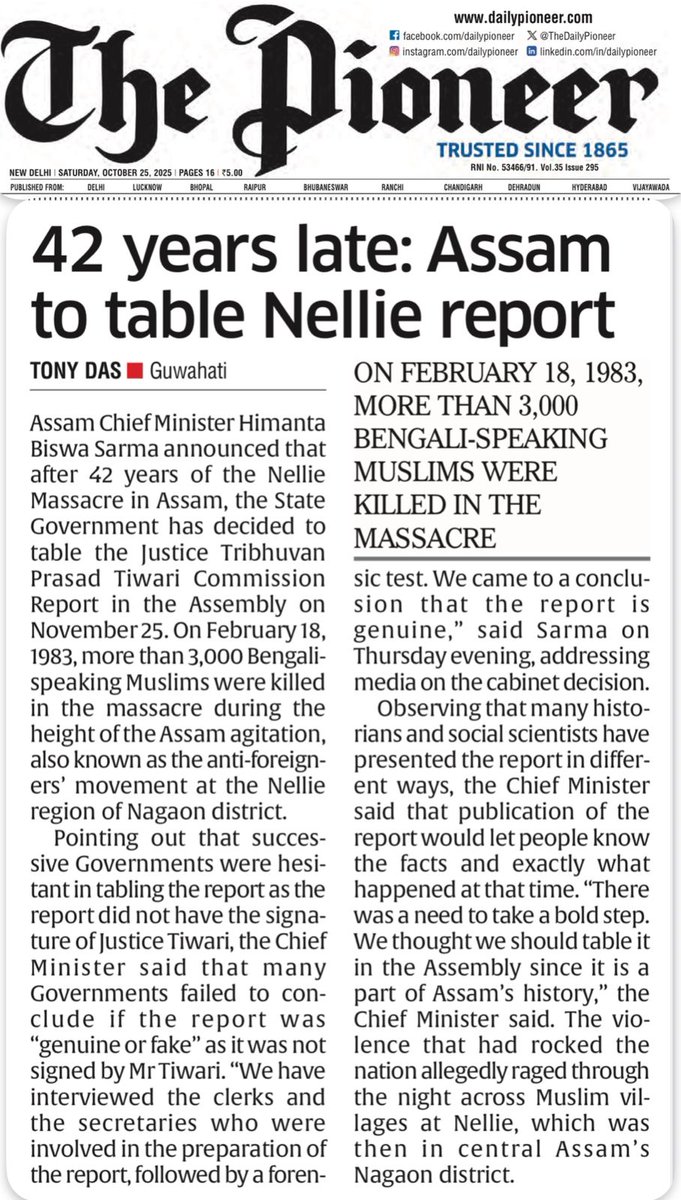 42 साल बाद, नेल्ली नरसंहार पर रिपोर्ट को विधान सभा में पेश करने का एक ऐतिहासिक और साहसिक फैसला लिया गया है, जिसके लिए सभी माननीय मुख्यमंत्री <a href="/himantabiswa/">Himanta Biswa Sarma</a> जी के आभारी हैं। यह कदम असम के इतिहास में सच्चाई और न्याय को सामने लाने में महत्वपूर्ण योगदान देगा। 
#Assam #NellieMassacre
