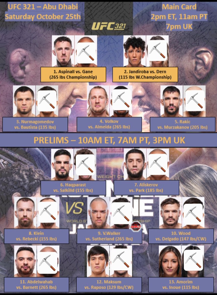 UFC_Picks3's tweet image. #UFC321 FIGHT PICKS

Big @AspinallMMA to get it done and begin his reign 👑 💪  

Predicting Tom vs Volkov 2 in early 2026. 

No 5am coffees for Irish @UFC fans tonight. 

#UFC
#Fightpicks 

PL
