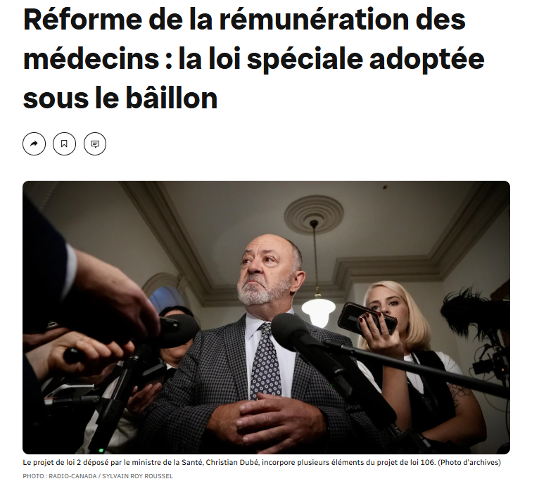 Pat77432407's tweet image. UNE LOI ÉLECTROCHOC ADOPTÉE À 4H DU MATIN : AMENDES JUSQU’À 20 000 $ PAR JOUR POUR LES MÉDECINS

RADIO-CANADA - Le gouvernement Legault a adopté à toute vitesse, sous bâillon, le projet de loi 2 vendredi soir, visant à réformer la rémunération des médecins québécois. 

Cette loi…
