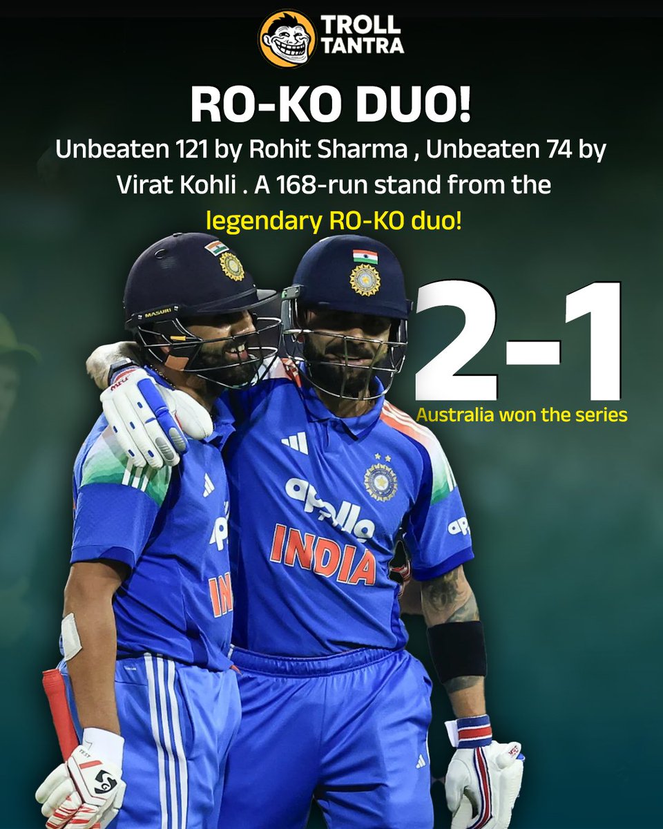 trolltantraig's tweet image. Unbeaten 121 by Rohit Sharma 
Unbeaten 74 by Virat Kohli 
A 168-run stand from the legendary RO-KO duo! 🫶
India conquer Australia at the SCG! 🏆

#IndianCricket #INDvsAUS #AUSvIND
