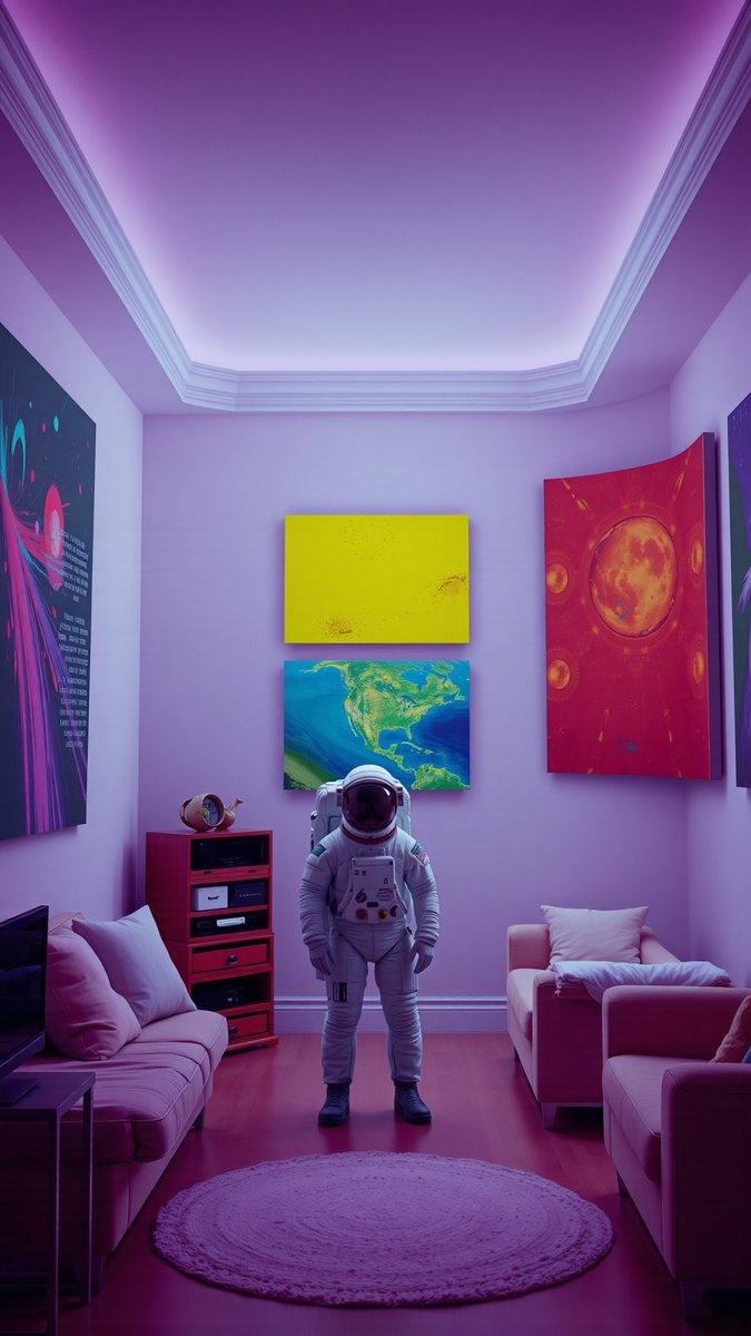 宇航员在紫色宇宙房间里，象征加密货币的登月狂热