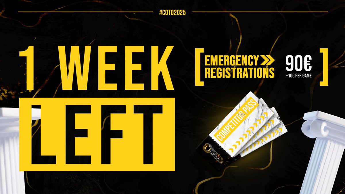 ClashOfTheOlympians (@cotolympians) on Twitter photo 📢EMERGENCY REGISTRATIONS‼️
This is your FINAL chance to register for #COTO2025!
Emergency registrations will remain open for ONE MORE week until next Sunday!
If you’re planning to travel to Greece to compete, REGISTER NOW!
START.GG/COTO2025 📢EMERGENCY REGISTRATIONS‼️
This is your FINAL chance to register for #COTO2025!
Emergency registrations will remain open for ONE MORE week until next Sunday!
If you’re planning to travel to Greece to compete, REGISTER NOW!
START.GG/COTO2025