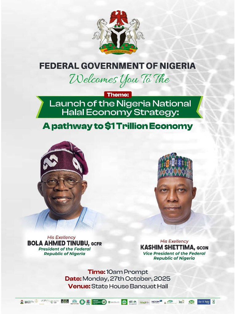 bunu_aliyu's tweet photo. 🇳🇬 Join us LIVE!
The Launch of the Nigeria National Halal Economy Strategy holds Monday, Oct 27, 2025 – 10:00 AM.

Watch here 👉 https://t.co/XKQmiT801l

Nigeria takes a bold step to lead Africa’s halal production &amp; export drive🌍
#HalalStrategy #ExportExpansion #FDI #RenewedHope https://t.co/sFlTHLnV98
