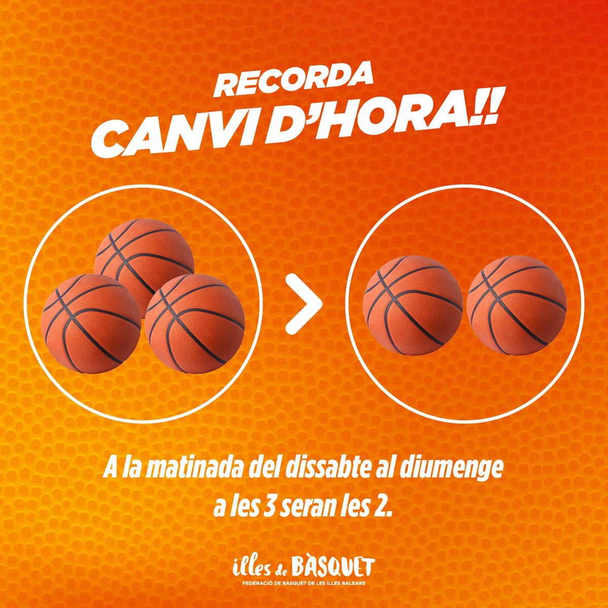 ⚠️ 🕑➡️🕐

Recordau! Aquest vespre hi ha canvi d'horari

🔙 A les 3am hem d'endarrerir una hora el rellotge

#IllesDeBàsquet