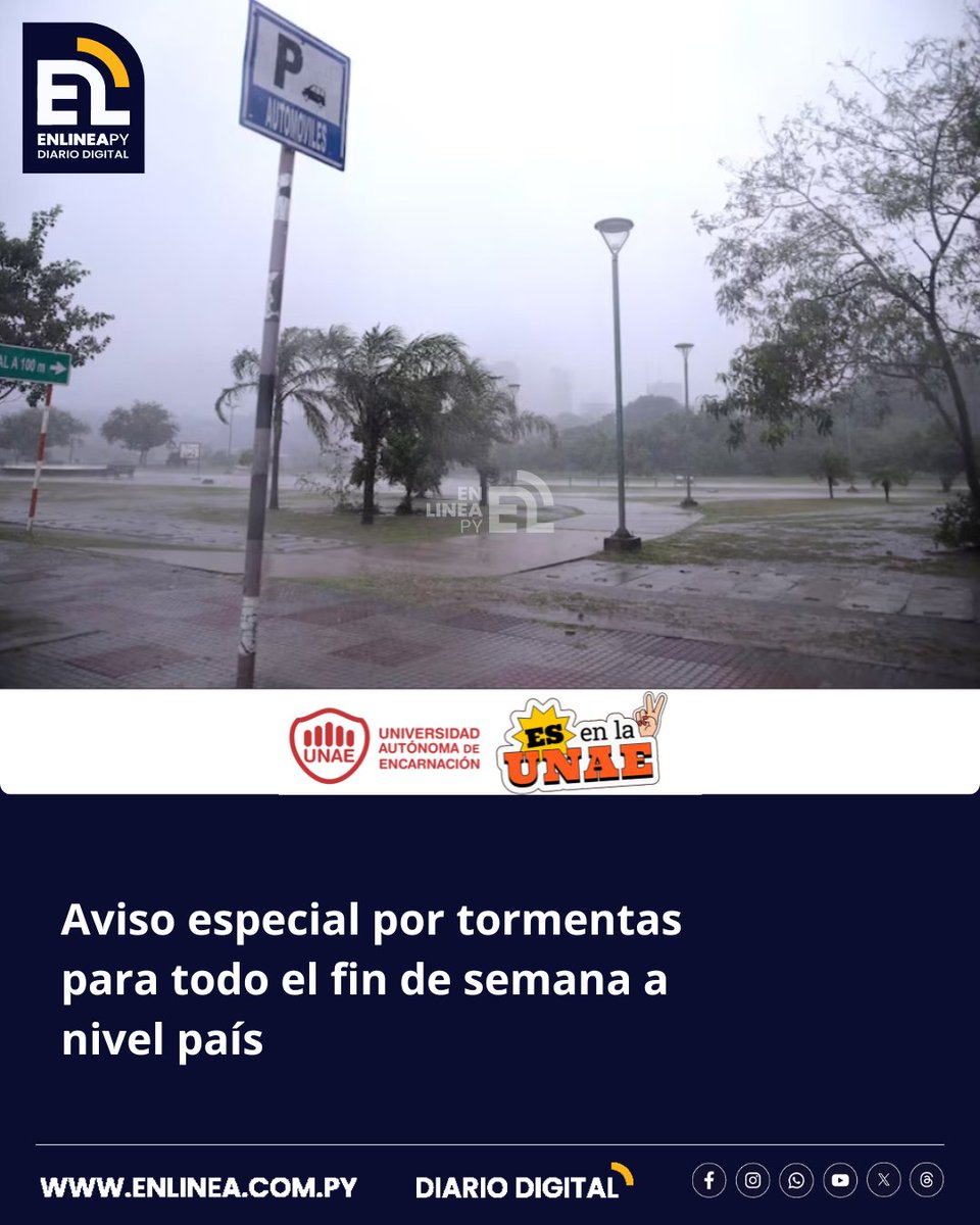 enlinea_py's tweet image. La Dirección de Meteorología emitió un boletín para advertir sobre probables lluvias y tormentas eléctricas en todo el territorio nacional. El temporal está pronosticado para hoy sábado y mañana domingo.
enlinea.com.py/aviso-especial…