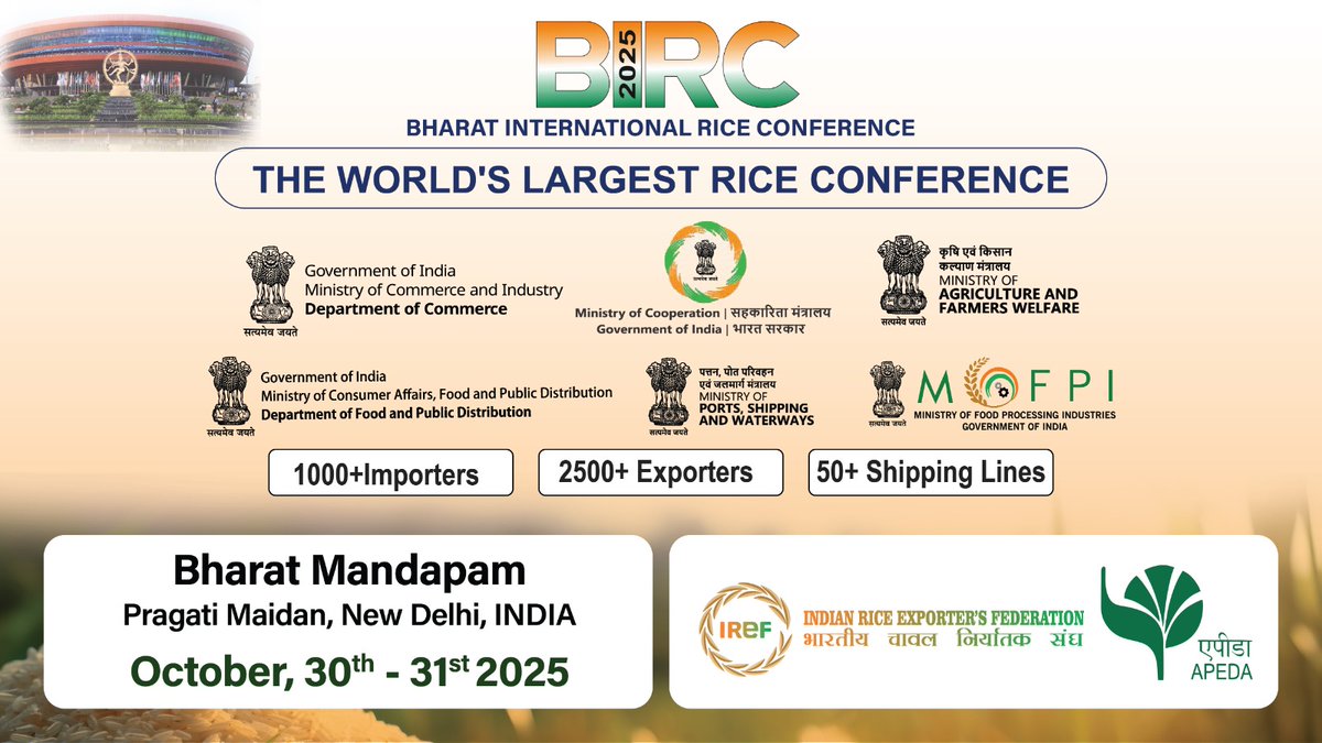 Indian Rice Exporters Federation (@irefindia) on Twitter photo Big push toward Viksit Bharat 2047:  IndiaЁЯЗоЁЯЗ│ targets 26 new markets to ramp up rice exports by тВ╣1.8 lakh crore challenging Pakistan & ThailandтАЩs dominance.  #BIRC2025_ViksitBharat2047
<a href="/narendramodi/">Narendra Modi</a> @amitshah <a href="/PMOIndia/">PMO India</a> <a href="/livemint/">Mint</a>
@piyushgoyal <a href="/JoshiPralhad/">Pralhad Joshi</a>  @drpremgarg <a href="/idevgarg/">Dev Garg</a> Big push toward Viksit Bharat 2047:  IndiaЁЯЗоЁЯЗ│ targets 26 new markets to ramp up rice exports by тВ╣1.8 lakh crore challenging Pakistan & ThailandтАЩs dominance.  #BIRC2025_ViksitBharat2047
<a href="/narendramodi/">Narendra Modi</a> @amitshah <a href="/PMOIndia/">PMO India</a> <a href="/livemint/">Mint</a>
@piyushgoyal <a href="/JoshiPralhad/">Pralhad Joshi</a>  @drpremgarg <a href="/idevgarg/">Dev Garg</a>