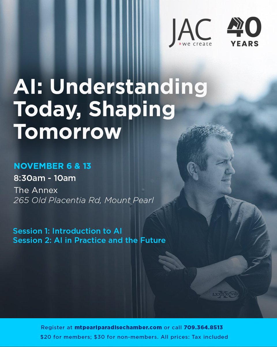 Discover how AI is transforming the way we live and work.

Join us for AI: Understanding Today, Shaping Tomorrow, a two-part series exploring AI fundamentals and real-world applications.

Nov 6 &amp; 13 | 8:30–10AM
The Annex, Mount Pearl

Register: [XX]

#MPPCChamber40