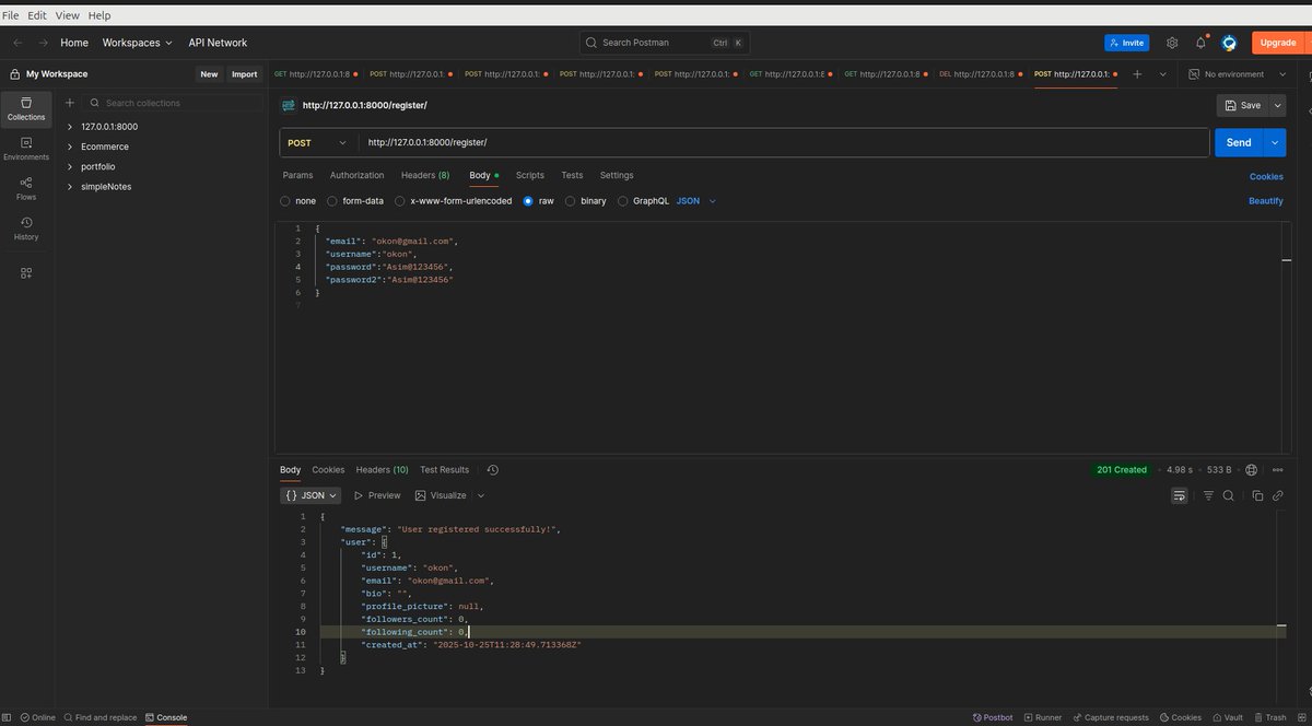 Patoasim's tweet image. Day 40 of {#100DaysOfCode }
Back on track after downtime issues! 
Today I built the custom User model  and set up the registration endpoint. 
Users can now sign up with username, email, and password.  
#Django #DRF #BackendDev #GodIsWithMe
