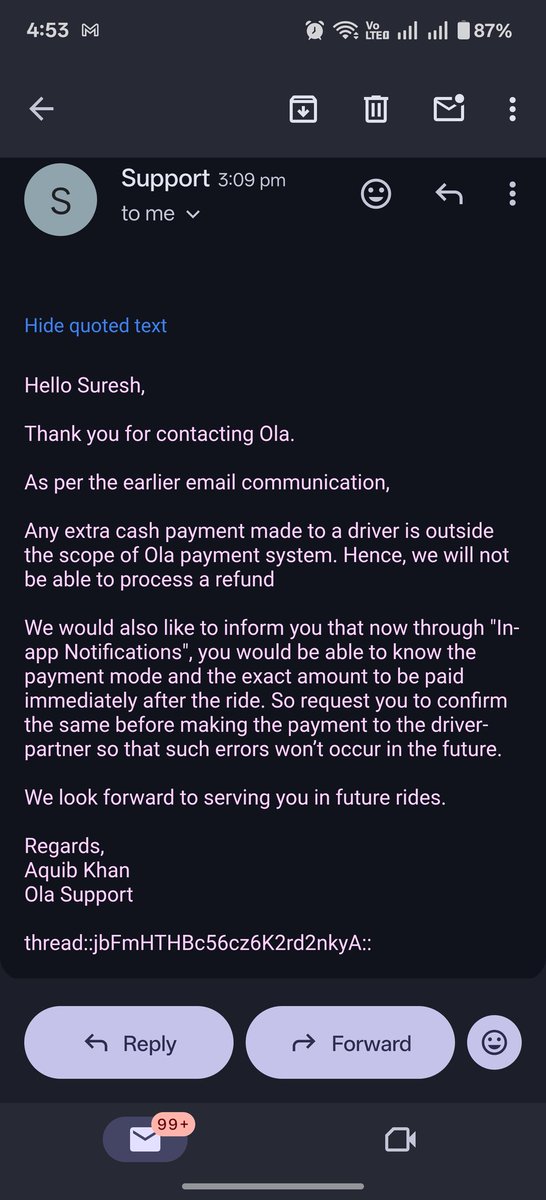 abs_suresh's tweet photo. @ola_supports Still saying same script. It's like a scam. Worst support team. instead of mail you can arrange call back or give driver contact number. I didn't ask you to do refund. understand what I'm saying. You don't have other person in support team? He didn't understand! https://t.co/TdGWJB4SD2