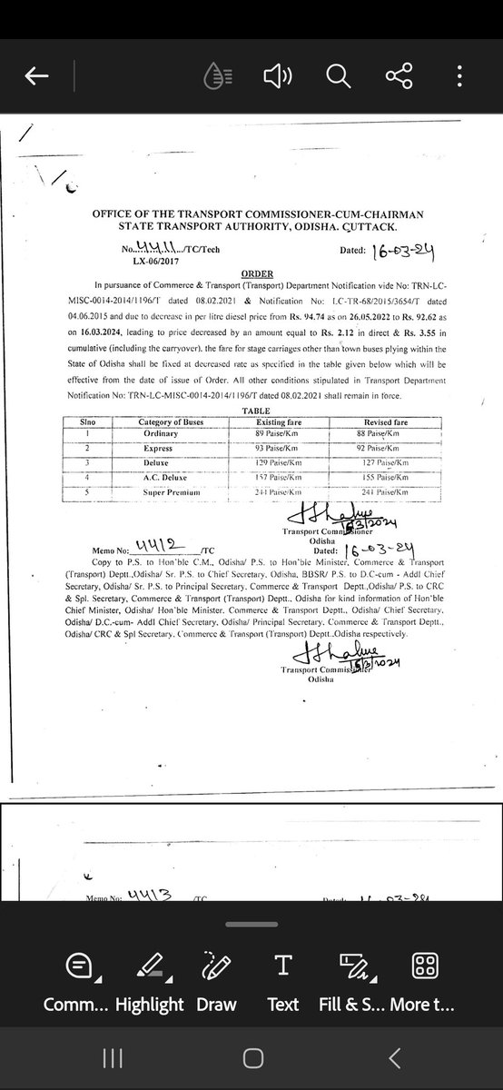 Fare chart for Stage carriage Bus notified by Transport Commissioner, STA, Odisha, cuttack wef 16.03.2024.No Stage carriage Buses will take more fare by deviating this,otherwise penalised as per mv act &amp; rules