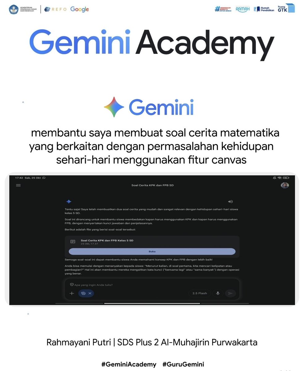 RahmayaniP's tweet photo. Gemini membantu membuat soal cerita matematika yang berkaitan dengan permasalahan kehidupan sehari-hari.

#GeminiAcademy #GuruGemini https://t.co/wjR0r0du23