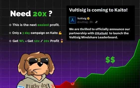 Mehte_ch's tweet photo. 𝗘𝗮𝗿𝗹𝘆 𝗪𝗟 𝗔𝗹𝗽𝗵𝗮 

> Name : @vultisig ( Presale WL ) 

𝗢𝗻𝗹𝘆 𝗮 3-𝗱𝗮𝘆 𝗰𝗮𝗺𝗽𝗮𝗶𝗴𝗻 𝗼𝗻 𝗞𝗮𝗶𝘁𝗼 ✨
Get WL = make 10x / 20x Profit🎖️ 

> Reward ? 
 
• Top 30 → USDC rewards 
• Top 300 → Whitelist for a $3M FDV buy-in ( investors got in at $75M btw )

> About ? 

• @vultisig $VULT presale starts on 27th October 🌻
• Wl winners get early access to join $VULT Presale at a $3M FDV 🤘 

• If @vultisig launches at a $100M FDV, that’s a clean 33x for presale buyers. This will probably be the lowest FDV raise ever on @KaitoAI 💙💚