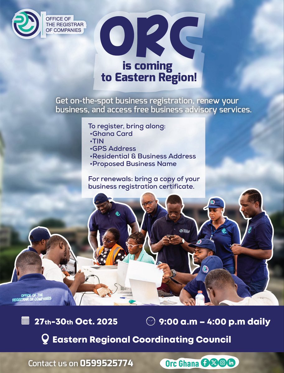 ‼️ORC is coming to the Eastern Region‼️

Get your business registered, renewed, and receive free advisory support  all on the spot.

📍Venue : Eastern Regional Coordinating Council 
🗓️Date: Monday, 27th to Thursday, 30 October,2025.
⏰ Time: 9am-4pm each day

#ORCGhana