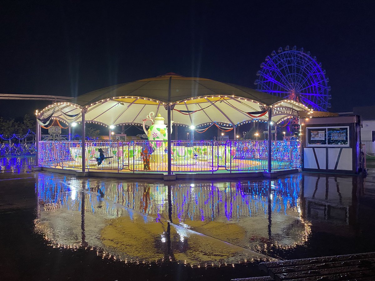 reenasunsetsp's tweet image. MVが公開されてから初めての夜間営業である今日、また行ってきました。フラワーカップは17時点灯20時消灯。観覧車は17時前から灯が付いてました。カップが稼働されると中が消灯し2枚目のように。遊園地はどこ歩いてもイルミネーションが綺麗。動物園は夜でも癒し。また冬に行こうかしら🥹✨←