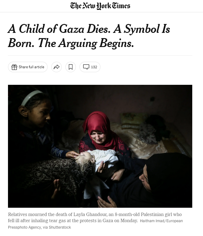 Hexagram012's tweet image. Remember this hoax perpetrated by the 'Gaza Health Ministry' in 2018? Here's a recap of what happened:

Hamas pays the parents of 8-month old Laila al-Ghandour to say Laila had died as a result of inhaling tear gas fired by Israeli forces at the Gaza border (rather than because…