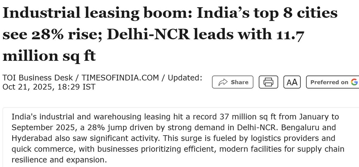 PropertyDecoder's tweet image. India’s industrial &amp;amp; warehousing leasing hit a new record of 37 mn sq ft in Jan-Sept 2025, rose ~28% 📈 YoY in top 8 cities.

Report noted that strong demand from 3PLs &amp;amp; e/Q-commerce is fueling the leasing growth.

City-wise leasing (Jan–Sept 2025) in mn sq.ft. (CBRE)

Delhi–NCR:…