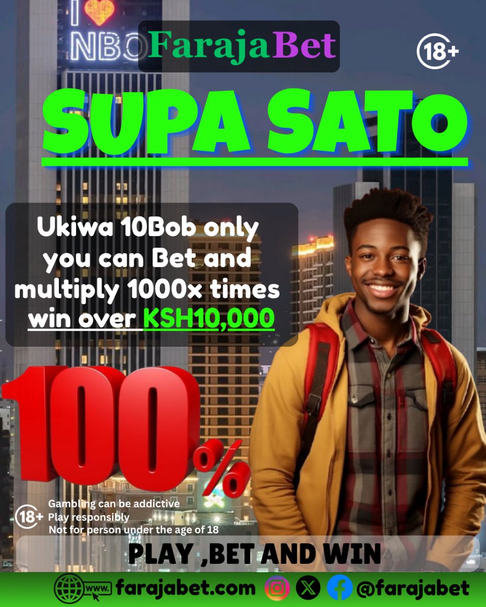 FarajaBet's tweet photo. ๐ฅ SUPA SATO iko loaded!
Na 10 Bob pekee ๐ฐ, unaweza bet na ushinde hadi KSH 10,000 mara 1000x! ๐
Usikai nyuma โ Play, Bet and Win with #FarajaBet today! ๐ฏ
#FarajaBet #SupaSato #BetAndWin #KenyaBetting #WeekendVibes https://t.co/I04LMxYqWp
