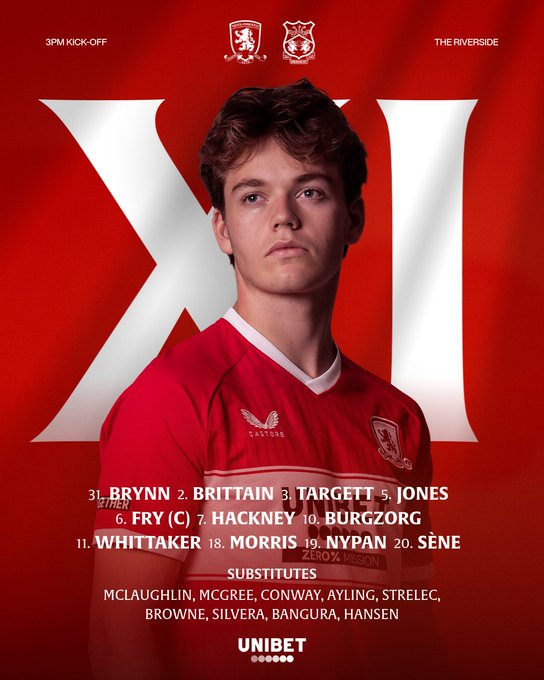 A graphic overlay on a stadium background shows the Middlesbrough FC team lineup for a match with 3pm kickoff. The starting XI includes players like Fry, Hackney, and others in red jerseys. Substitutes such as McLaughlin, McGree, and others are listed below. The image features club crests, sponsor logos like Unibet, and player headshots in formal poses.