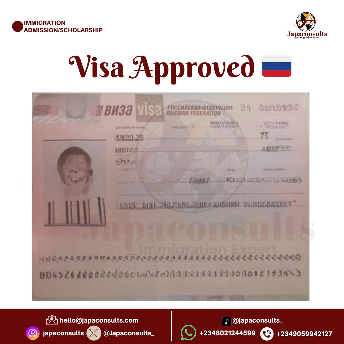 Oludeewon's tweet image. 🎊🎊🎊 RUSSIA 🇷🇺 STUDY VISA APPROVAL 
 @Japaconsults_ has done it again.
Remember I told you there's more where the other testimonies came from? 
Guess what! There's still more.
All you have to do is follow us @Japaconsults_ and send us a DM. 
Instagram: @JapaConsults…