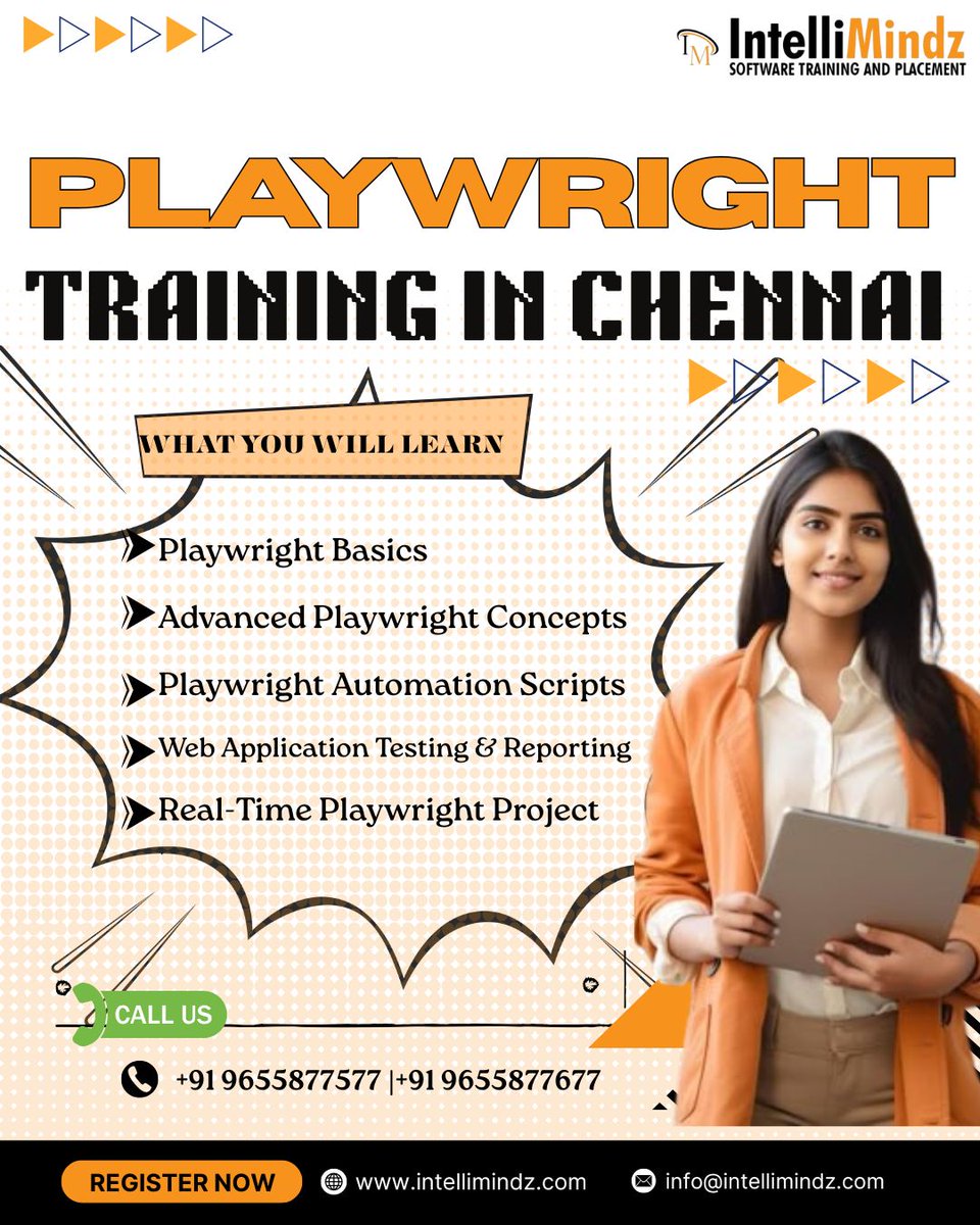 RojamaniI38048's tweet image. ⚙️ Automate your testing career with Selenium Training in Chennai!
Hands-on sessions 💻 | Expert Trainers 🎓 | Placement Support 🚀
📞 +91 9655877677 | ✉️ info@intellimindz.com
🌐 intellimindz.com
#SeleniumTraining #AutomationTesting #Chennai #IntelliMindz #CareerGrowth