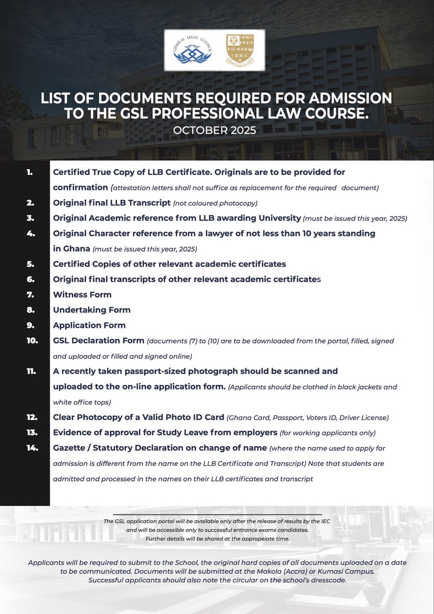 📢 ATTENTION:
The List of Documents Required for Admission to the GSL Professional Law Course (October 2025) is now available.

Review and prepare your documents here 👉  tiny.cc/GSLadmission

#GSLAdmissions #GhanaSchoolOfLaw #LawProfessionals #Ghana #GSL #GLC