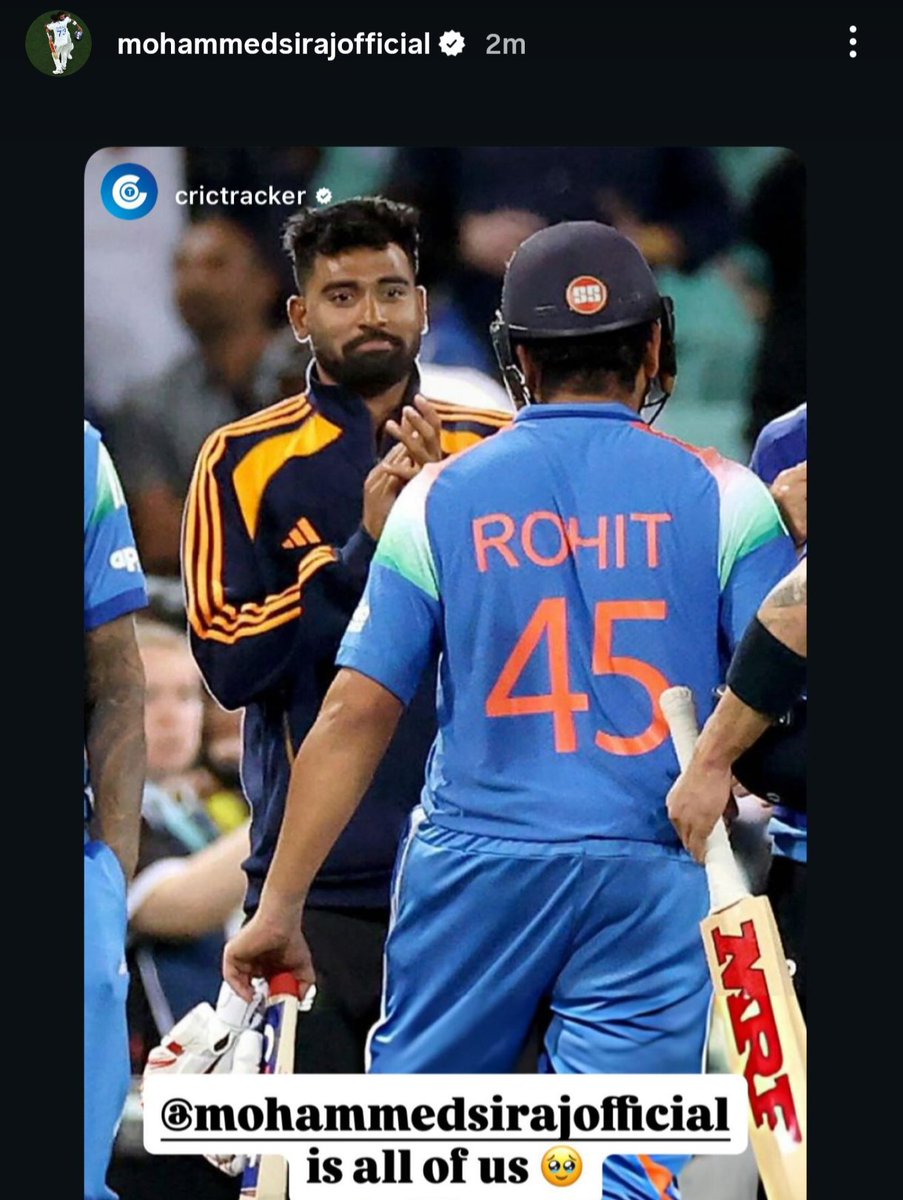 CricCrazyJohns's tweet photo. INSTAGRAM STORY OF MOHAMMED SIRAJ FOR ROHIT 😍 https://t.co/SWaVUfrqDQ