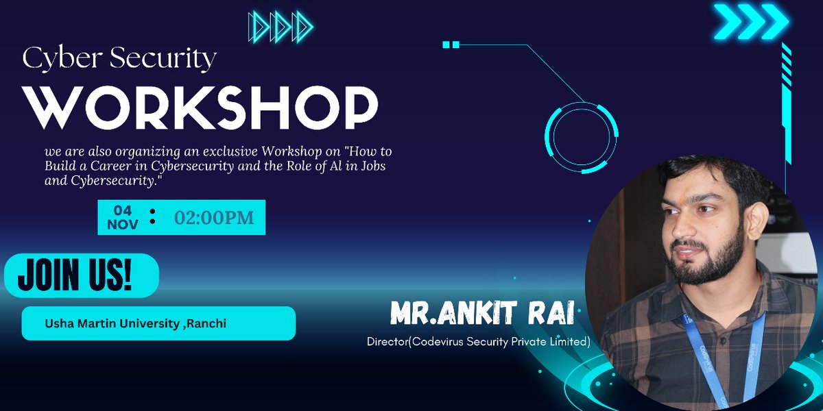 AnkitRai73's tweet image. Excited to be a part of Martinovation Fest at Usha Martin University, Ranchi on 4th November 2025!
I’ll be conducting a workshop on “Job Roles in Cybersecurity and the Role of AI in Jobs & Cybersecurity.”
#MartinovationFest #UshaMartinUniversity #CodevirusSecurity #CyberSecurity